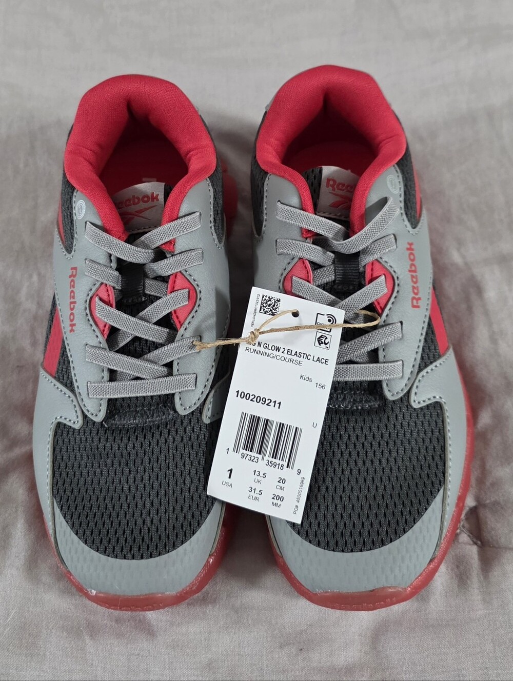 NEW Reebok Kids Glow 2 Elastic Lace Running Shoes Red and Gray size 1